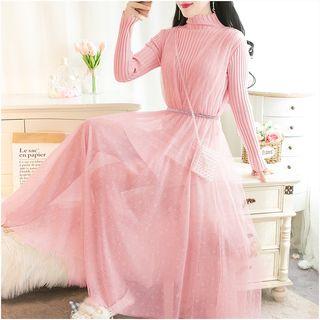 Set: Mock-turtleneck Ribbed Knit Top + Faux Pearl Midi Mesh Pinafore Dress