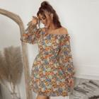 Floral Off-shoulder Long-sleeve A-line Mini Dress