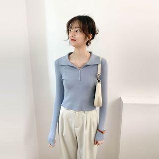 Plain Striped Button-up Knit Cropped Top