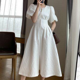 Puff-sleeve Zipped Midi A-line Dress