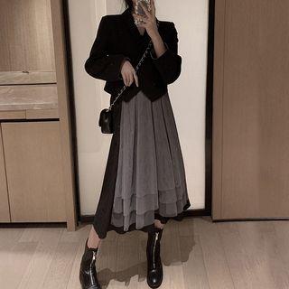 Button Blazer / Spaghetti Strap Midi Mesh Dress