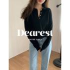 Raglan-sleeve Ribbed Knit Polo Shirt One Size