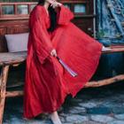 Set: Long-sleeve Tie-waist Wrap Maxi Dress + Spaghetti-strap Dress