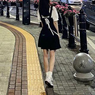 Short-sleeve Mock Two-piece Mini A-line Dress Black & White - One Size