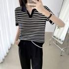 Short Sleeve Collar Placket Striped Knit Top