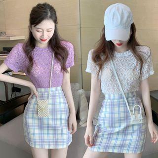 Short-sleeve Lace Top / Plaid Mini Pencil Skirt