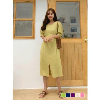 Puff-sleeve Slit-hem Long Linen Dress