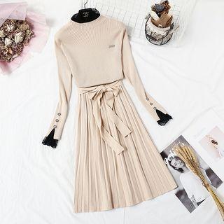 Lace Trim Tie-waist Knit Dress