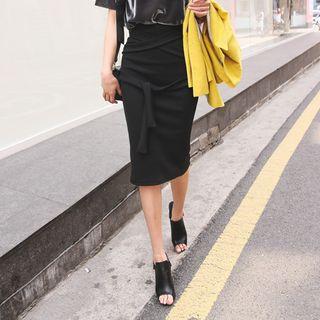 Tie-waist Ribbed Midi Pencil Skirt