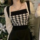 Square Neck Houndstooth Panel Knit Top
