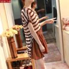 Set: Striped Short Sleeve Knit T-shirt + Plain Flared Skirt