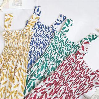 Leaf Print Sleeveless Midi A-line Dress