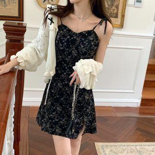 Ribbon Knit Cardigan / Sleeveless Floral Dress