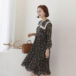 Sailor-collar Floral Chiffon Dress Black - One Size