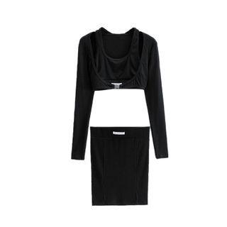 Set: Long-sleeve Shrug + Halter Tank Top + Mini Pencil Skirt