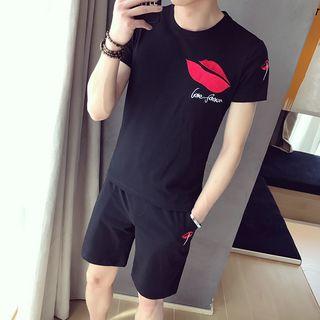 Set: Lips Embroidered Short Sleeve T-shirt + Shorts