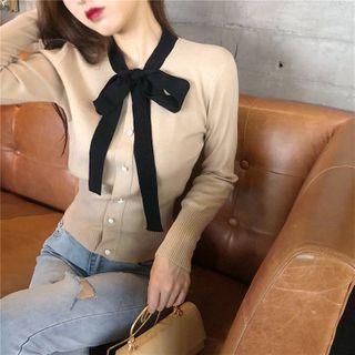 Contrast Trim Bow Collar Knit Jacket