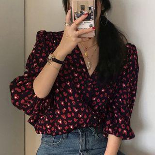 Elbow-sleeve Heart Print Blouse Black - One Size