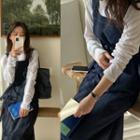 Stitched Long Denim Overall Dress With Sash Dark Blue - One Size