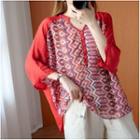 Printed Panel 3/4-sleeve Half-button Blouse