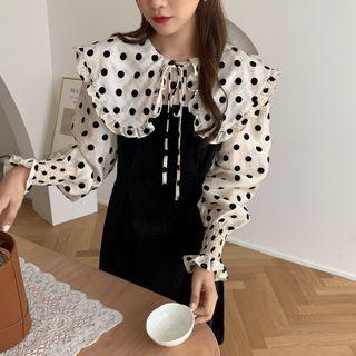 Dotted Collared Lantern-sleeve Midi A-line Dress