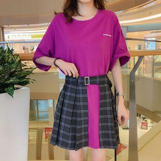 Set: Short-sleeve T-shirt Dress + Plaid Pleated Skirt Set - Purple - One Size