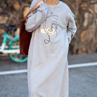 Long-sleeve Face Print Midi Dress
