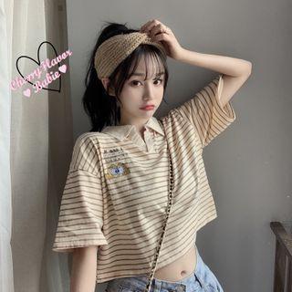 Cat Embroidered Striped Cropped Polo Shirt