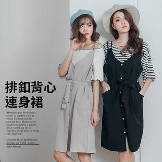 Strappy Button Front V-neck A-line Dress