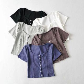 Short Sleeve Plain Button-up Crop Top