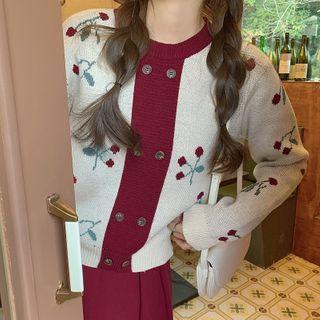 Cherry Print Sweater / Plain Midi A-line Skirt / Set