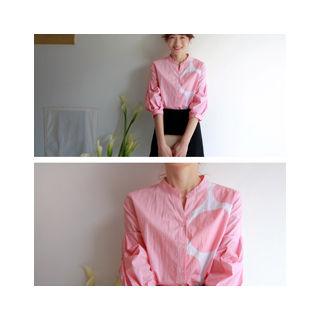 Shirred-sleeve Printed Stripe Shirt