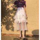 Short-sleeve Letter Embroidered Top / Midi Mesh Skirt