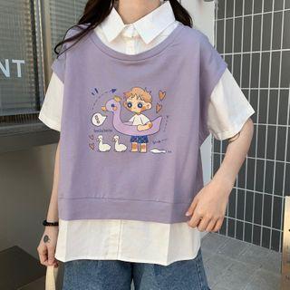 Mock Two-piece Short-sleeve Graphic Print Shirt