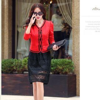 Set: Contrast-trim Bolero + Lace Dress