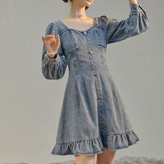 Short-sleeve Ruffle Hem Denim Mini A-line Dress