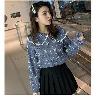 Long-sleeve Floral Chiffon Blouse / Mini Pleated Skirt