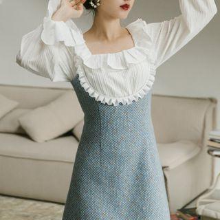 Set: Puff-sleeve Blouse + Spaghetti Strap Dress