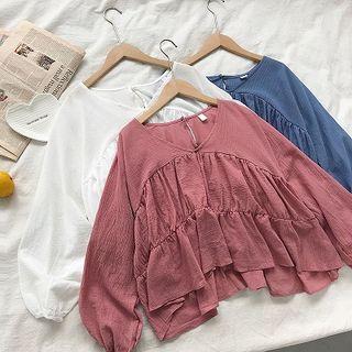 V-neck Ruffled-trim Puff-sleeve Top