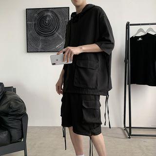 Set: Elbow-sleeve Cargo Hoodie + Wide Leg Cargo Shorts