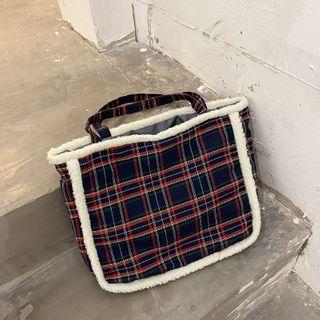 Fleece Trim Plaid Tote Bag