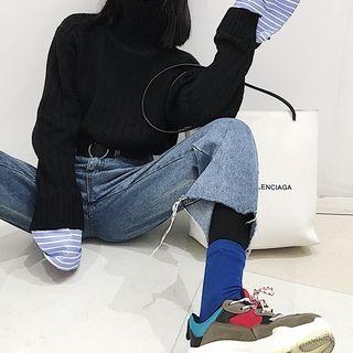 Mock Two-piece Striped Panel Turtleneck Sweater