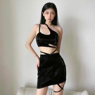 Set: Asymmetrical Cropped Camisole Top + Buckled Mini Pencil Skirt