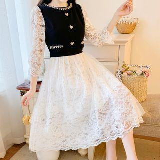 Mock Two-piece Long-sleeve Lace A-line Midi Dress