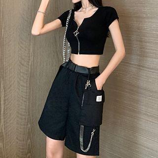 Short-sleeve Zip Crop Top / Chained Shorts / Set