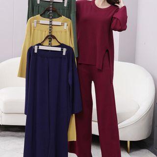 Set: Slit Knit Top + Wide-leg Pants