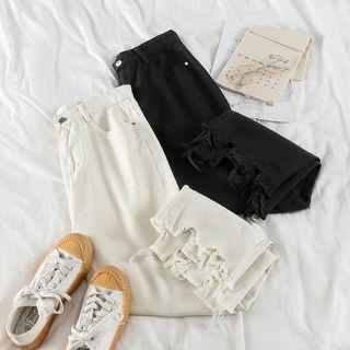 Asymmetric High-waist Frayed Cropped Jeans