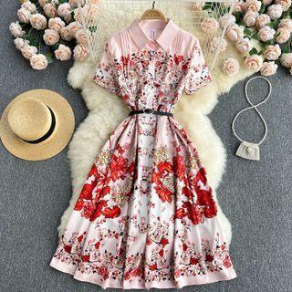 Lapel Print Short-sleeve Dress