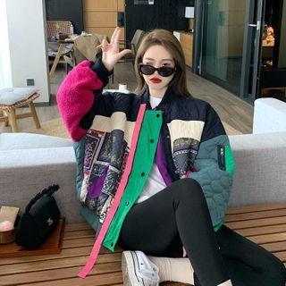 Long-sleeve Color Block Panel Baseball Jacket As Shown As Figure - One Size