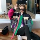 Long-sleeve Color Block Panel Baseball Jacket As Shown As Figure - One Size